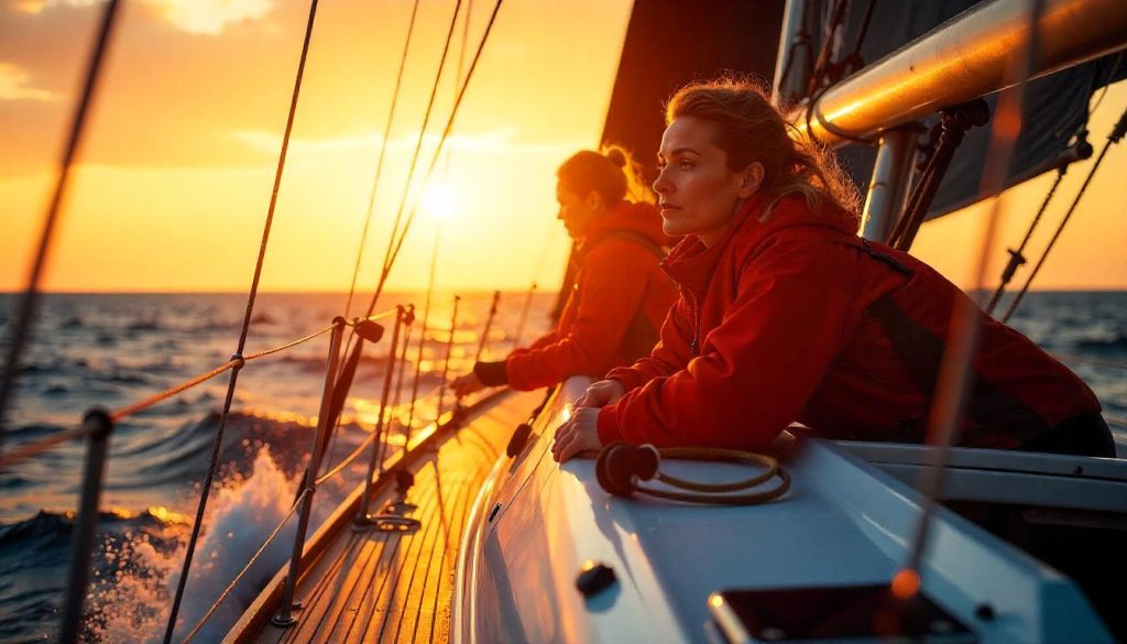 All-female crew on Maiden during trailblazing women in yachting at sea.